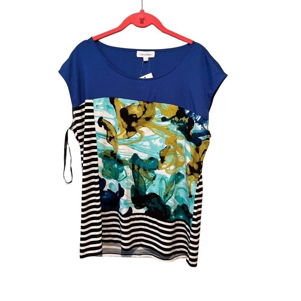 Calvin Klein Blouse Top Womens L Blue/White Striped Floral Sleeveless Scoop Neck